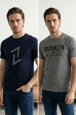 Siyah-Gri 2li Paket Regular/Normal Kal?p Bask?l? %100 Pamuk T-Shirt TMNSS26TS00043