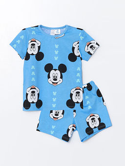 Bisiklet Yaka K?sa Kollu Mickey Mouse Bask?l? Erkek Bebek ?ortlu Pijama Tak?m?