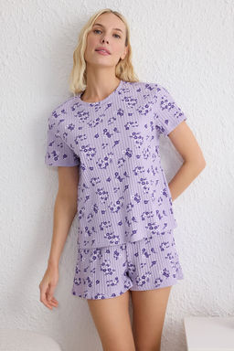 Trendyolmilla Lila Cicekli Fitilli Sortlu Orme Pijama Tak?m? THMSS25PT00015  фото 2