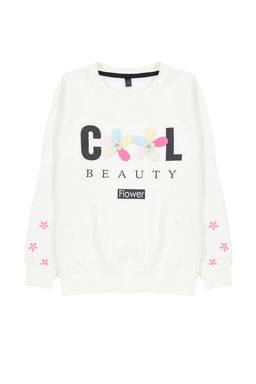 Ekru K?z Cocuk Cicek/Slogan Nak?sl? Bisiklet Yaka Orme Sweatshirt TKDAW25SW00008