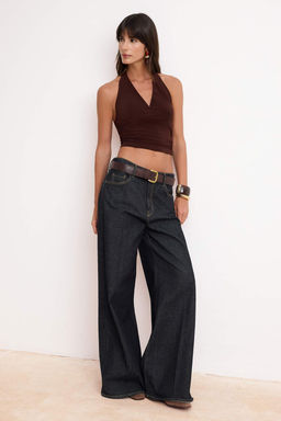 Kahverengi Boyundan Baglamal? Vucuda Oturan Crop Esnek Orme Bluz TWOSS24BZ00061