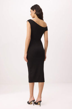 Siyah Bodycon Asimetrik Yaka Dusuk Kol K?sa Kollu Midi Soft Touch Orme Elbise TWOSS26EL00629 - Trendyolmilla фото 4