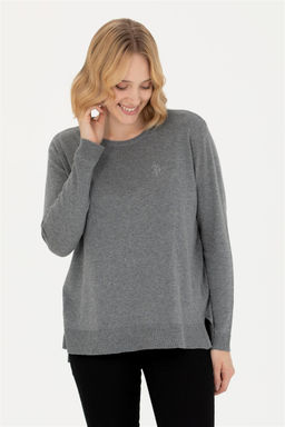 Женский серый меланжевый базовый свитер с круглым вырезом Неожиданная скидка в корзине