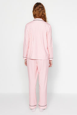 Trendyolmilla Pembe Cizgi Desenli Biyeli Ici Polarl? Gomlek-Pantolon Orme Pijama Tak?m? THMAW24PT00050  фото 16