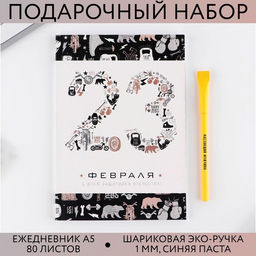 Подарочный набор, ежедневник А5, 80 листов и эко ручка «23 февраля»