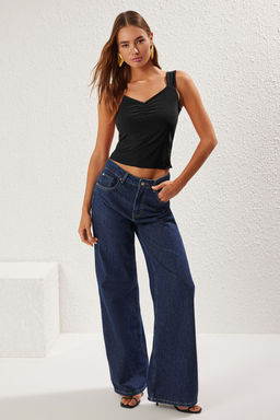 Siyah Kal?n Ask?l? Buzgulu Vucuda Oturan Crop Esnek Orme Bluz TWOSS25BZ00273 - Trendyolmilla фото 2