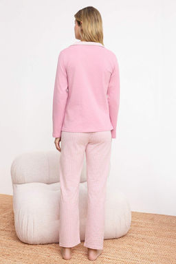 Pembe %100 Pamuklu Cizgili Gomlek Yaka Cepli Orme Pijama Tak?m? THMSS26PT00065