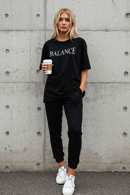 Siyah Slogan Bask?l? Orme T-shirt Pantolon Alt-Ust Tak?m TWOSS25AU00098