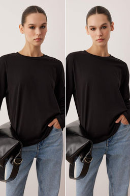 TRENDYOLMILLA Siyah-Beyaz 2li Paket %100 Suprem Oversize/Genis Kesim Orme T-Shirt TWOAW25TS00004  фото 17