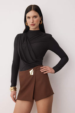 Siyah Duz Dik Yaka Uzun Orme Sandy Party Bluz TPRAW26BZ00020