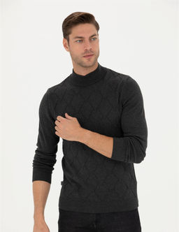 Antrasit Melanj Slim Fit Yar_m Bal_k__ Yaka Triko Kazak