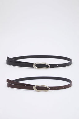 Trendyolmilla Siyah-Kahverengi 2li Paket Deri Gorunumlu Kad?n Kemer TWOSS25KE00017