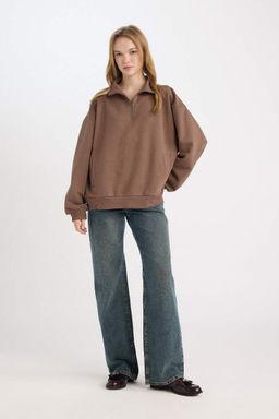 Женский черный простой толстый свитшот оверсайз с широкой посадкой на молнии с воротником-стойкой и карманами - Defacto фото 2