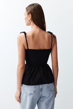 Siyah Pamuklu Poplin Detayl? Fitted Ask?l? Gipeli Esnek Orme Bluz TWOSS24BZ00393