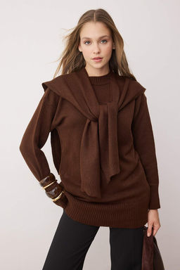 Kahverengi Sal Yaka Detayl? Triko Kazak TCTAW26AK00021 - Trendyolmilla фото 2