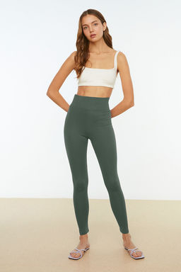 Koyu Yesil Yuksek Bel Basic Beli Lastikli Interlok Orme Tayt TWOAW20TA0047
