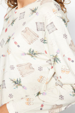 Trendyolmilla Krem %100 Pamuklu K?s Temal? Orme Pijama Tak?m? THMAW24PT00118