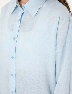 A__k Mavi Oversize Uzun Kollu %100 Keten G_mlek