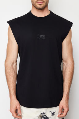 Siyah Oversize/Genis Kesim Kabar?k Yaz? Bask?l? Etiketli T-Shirt/Atlet TMNSS24AL00005