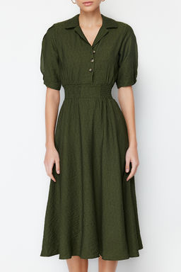 TRENDYOLMILLA Turuncu A Kesim Gomlek Yaka Gipeli Midi Dokuma Elbise TWOSS21EL1023  фото 13