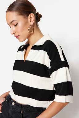Siyah Crop Polo Yaka Basic Cizgili Ince Triko Bluz TWOSS23KZ00010 - Trendyolmilla фото 3