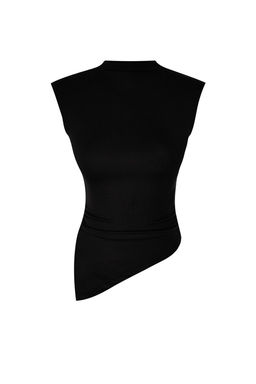Siyah Dik Yaka Buzgu/Drape Detayl? Fitted/Vucuda Oturan Asimetrik Orme Bluz TWOSS24BZ00534