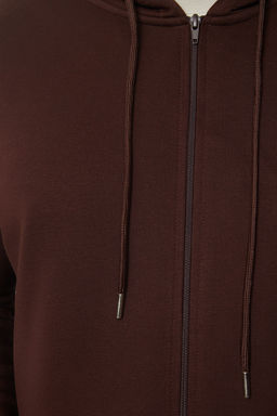 Kahverengi Buyuk Beden Oversize Basic Kapusonlu Fermuarl? Ici Polar Pamuk Sweatshirt TMNAW24AO00003