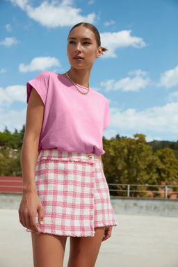 Pembe %100 Pamuk Vatka Gorunumlu Basic Bisiklet Yaka Orme T-Shirt TWOSS20TS0021