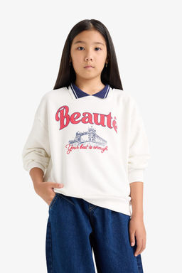 Relax Fit Polo Yaka Bask_l_ Sweatshirt K_z _ocuk - Defacto фото 7