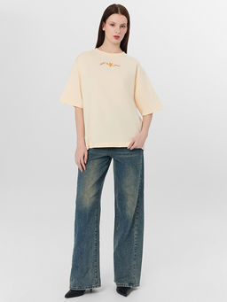 Футболка оверсайз женская бежевая с принтом