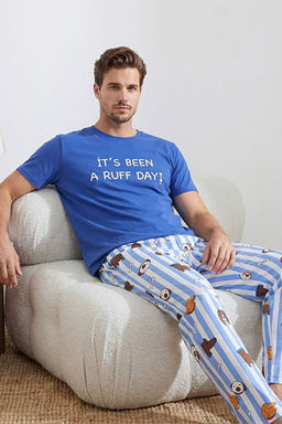 Mavi Regular/Normal Kesim K_sa Kollu Pamuklu Hayvan Desenli Pijama Tak_m_ TMNSS26PT00004
