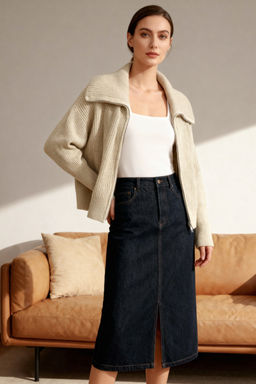 Tas Genis Kal?p Devrik Yaka Fermuarl? Triko H?rka TWOAW24HI00072