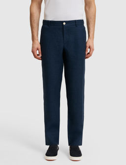Lacivert Slim Fit Beli Lastikli %100 Keten Pantolon