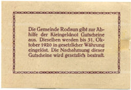 10 геллеров 1920 года Австрия Родаун (нотгельд)