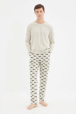 Bej Regular Fit Bask_l_ _rme %100 Pamuk Pijama Tak_m_ TMNAW22PT1069
