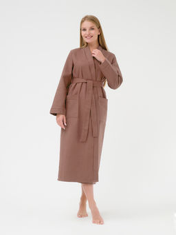Женский вафельный халат с планкой коричневый В-02 (21)