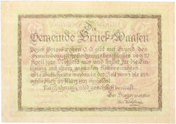 Банкнота 50 геллеров 1920 года Австрия  община Брук-Ваасен (Нотгельд)