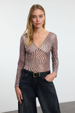 Kahverengi*001 Leopar Bask?l? Tul Fitted/Vucuda Oturan V Yaka Esnek Orme Bluz TWOAW25BZ00250