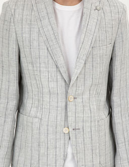 Gri Slim Fit %100 Keten _izgili Ceket