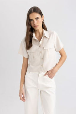 Crop Tensel K?sa Kollu Gomlek