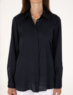 Lacivert Comfort Fit Saten Uzun Kollu G_mlek