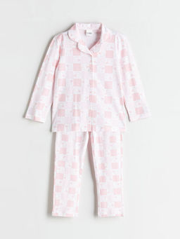 G?mlek Yaka Bask?l? K?z ?ocuk Pijama Tak?m?