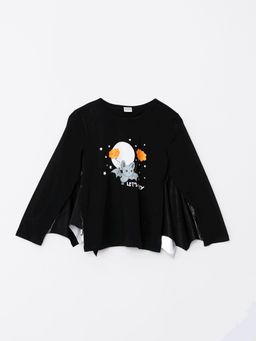 Bisiklet Yaka Renk De?i?tiren Bask?l? Uzun Kollu K?z ?ocuk Ti??rt