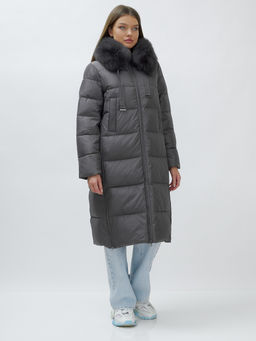 с натуральным мехом песца класса Люкс Бренд Visdeer Пальто зимние темно-серого цвета  фото 3