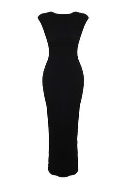 Siyah Dokulu Kumas Fitted/Vucuda Oturan Ay Kol Orme Esnek Midi Kalem Elbise TWOSS24EL00103