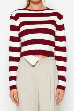 Bordo Crop Basic Cizgili Triko Kazak TWOAW23KZ00034 - Trendyolmilla фото 4