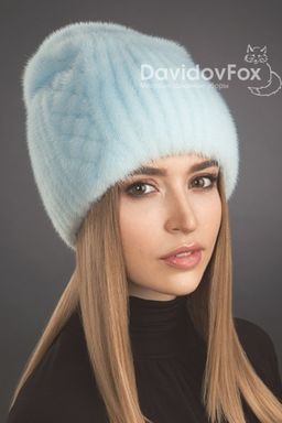 Шапка Бини норка орнамент голубая