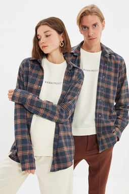 Lacivert Unisex Oversize __t__t Kapamal_ Oduncu Ekose G_mlek TMNAW22GO0745