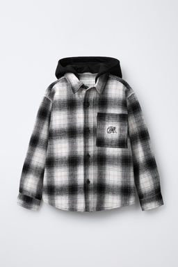 CHECK OVERSHIRT WITH DETACHABLE FAUX FUR HOOD