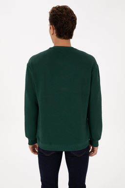 Erkek Oversize Fit Bisiklet Yaka Koyu Ye_il Sweatshirt